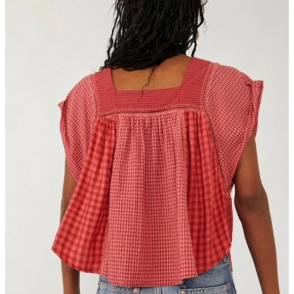 FREE  PEOPLE HALF MOON EMBROIDERED TOP CHERRY WHITE SMALL LARGE - Picture 4 of 7